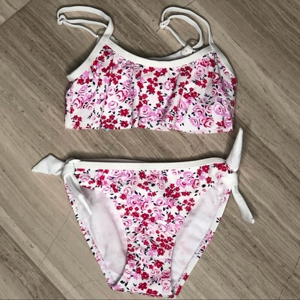 Snapper Rock Floral Flounce Bikini Swimsuit Beach Pool Vacation Trip Red Pink 3T